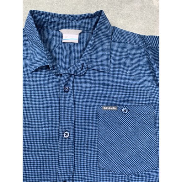 Columbia Mens Large Blue Plaid Gingham Print Shirt Long Sleeve Button-Up Fishing - Picture 8 of 9